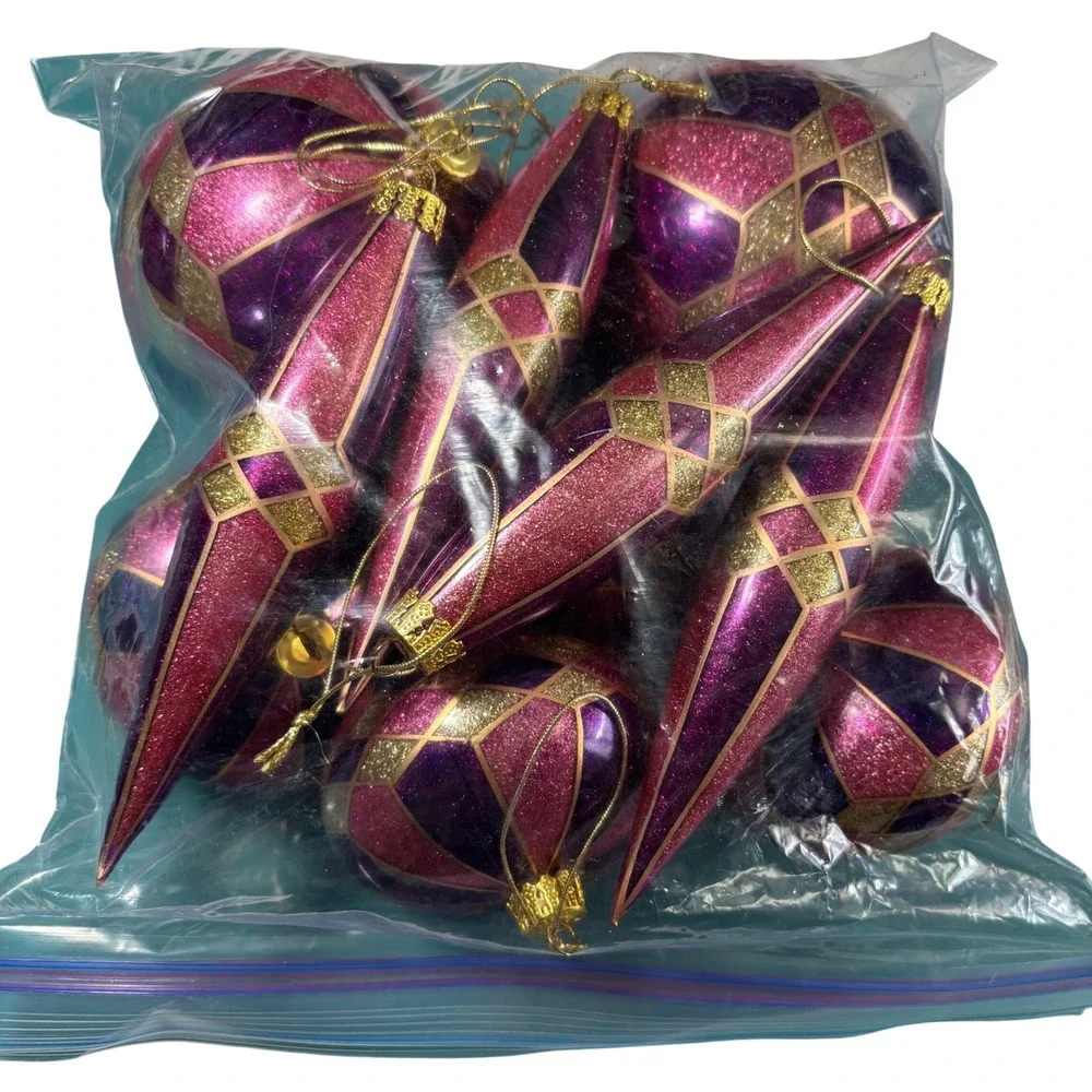 10 Purple Pink Gold Glitter Christmas‎ Ornament Set Harlequin Finial Round